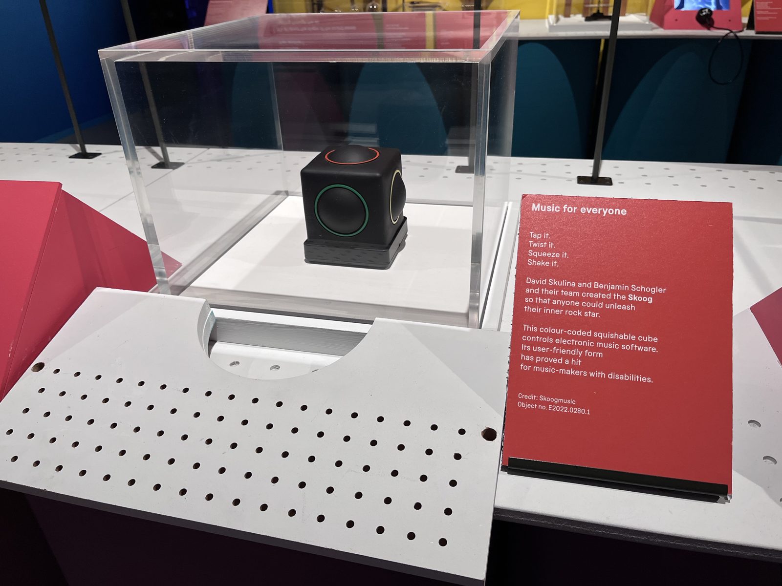 The Skoog, our founders' accessible instrument, acquired by the Science Museum for its collection and shown in the Turn It Up exhibition under the label ‘Music for everyone’.