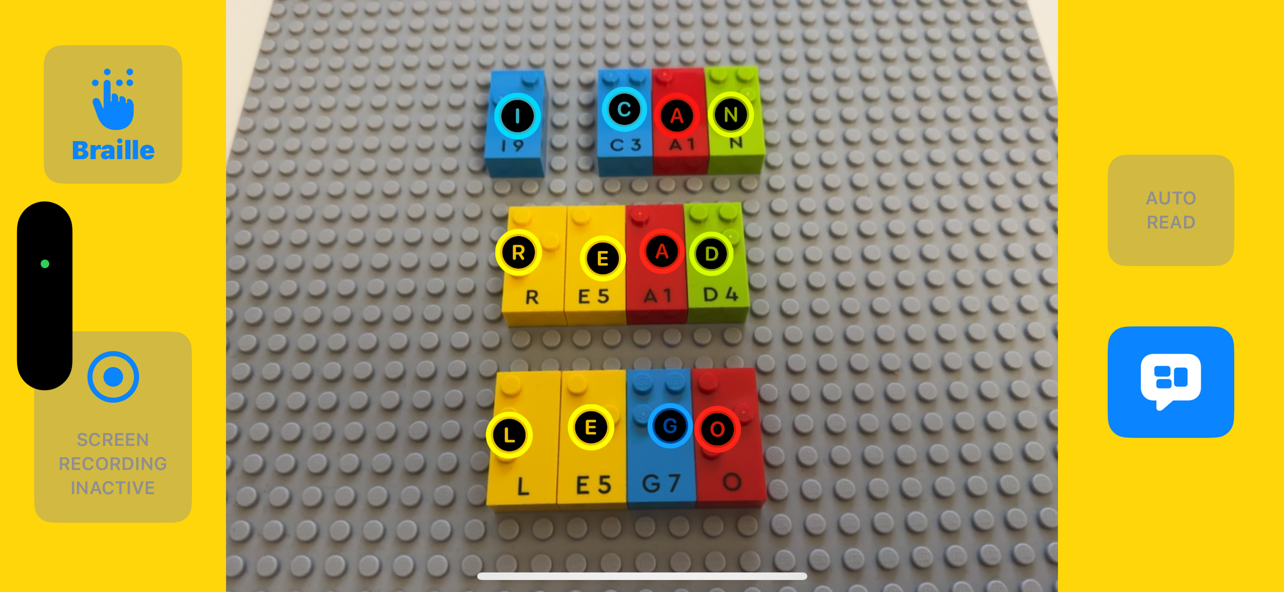 The BrailleBlocks app reading LEGO Braille bricks that spell I CAN READ LEGO on a grey baseplate.