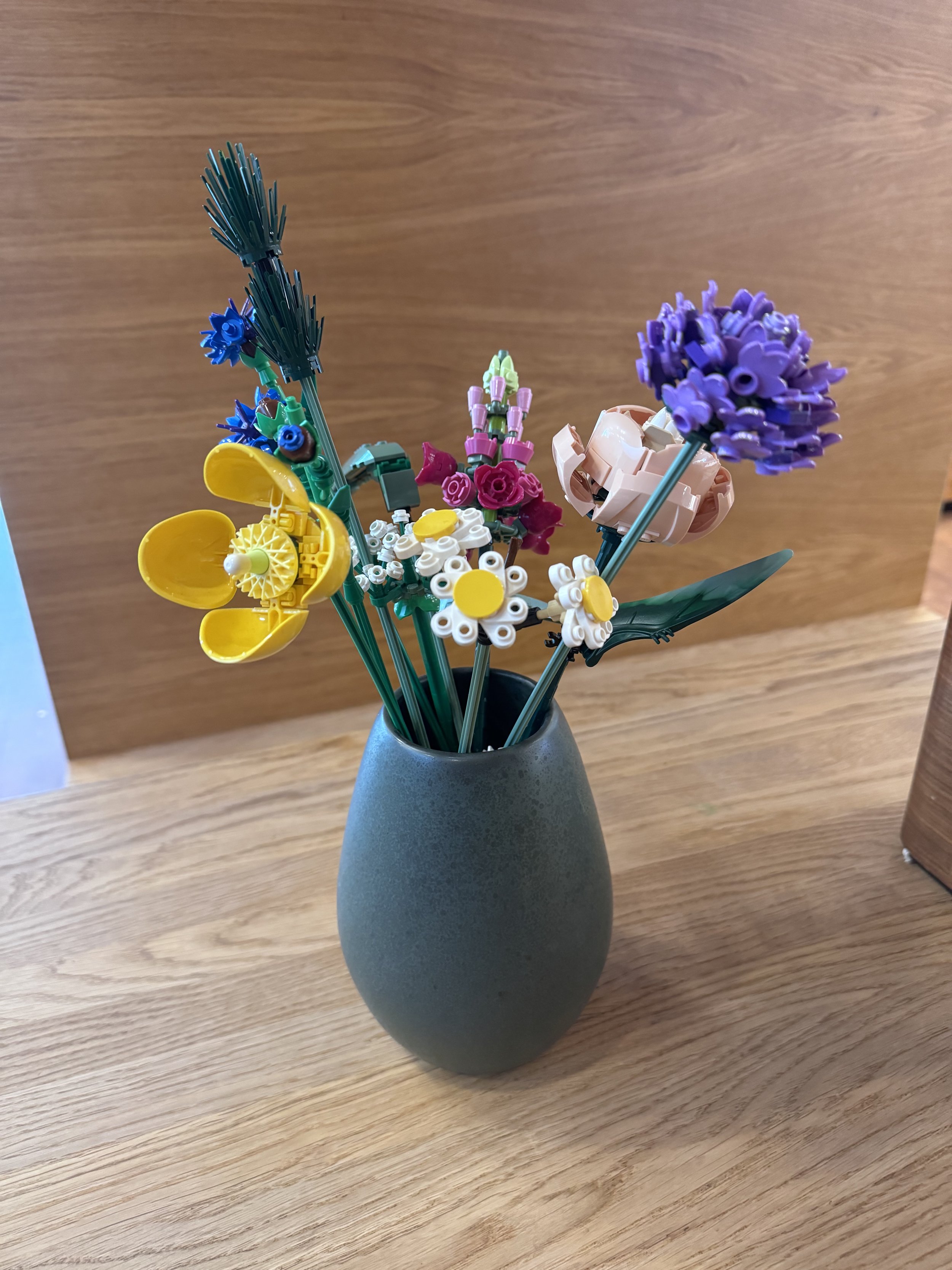 A vase of LEGO flowers in the LEGO House cafeteria.