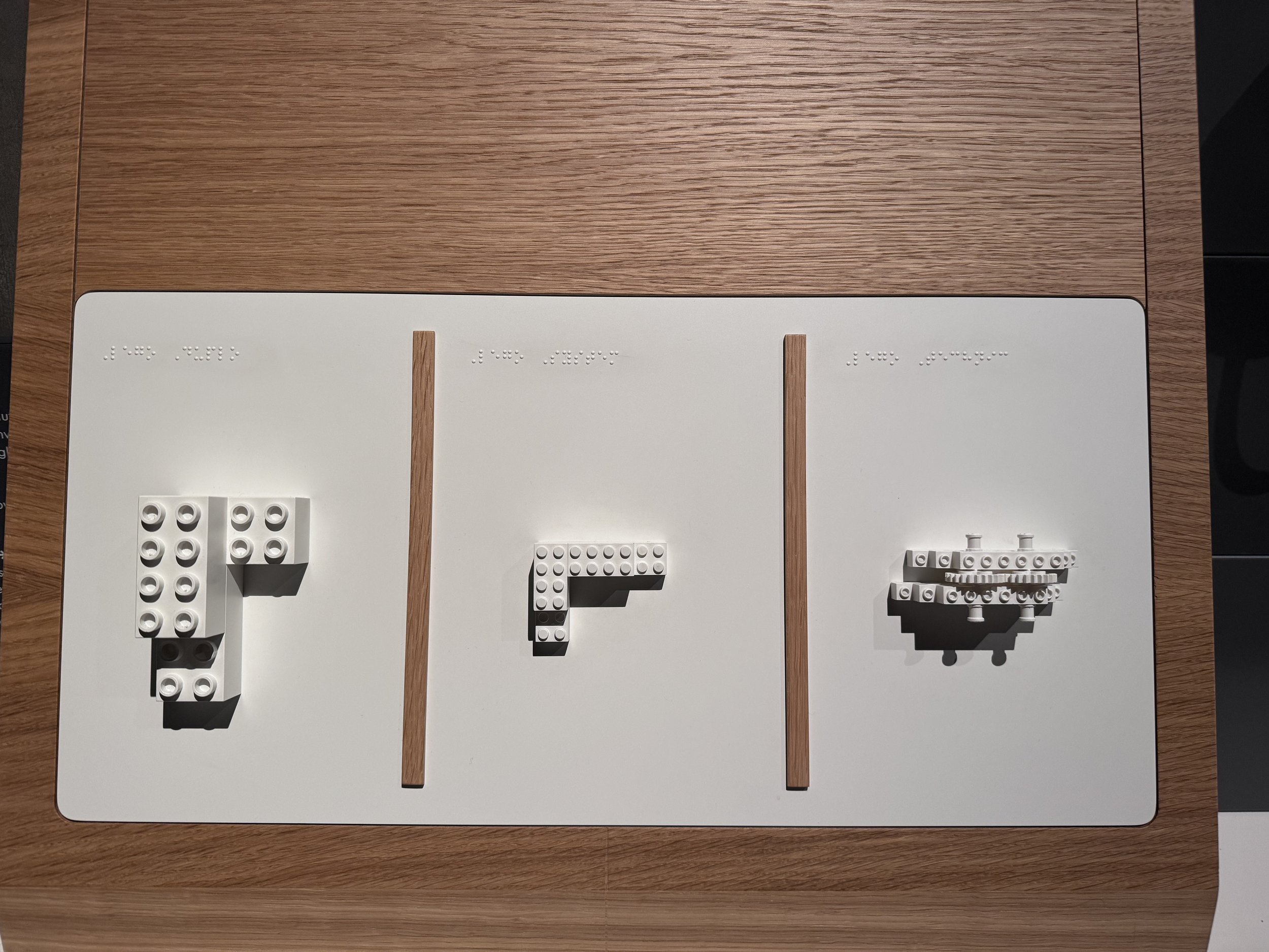 White tactile bump maps set into a wooden panel inside the LEGO House exhibition, showing DUPLO, LEGO and Technic bricks.
