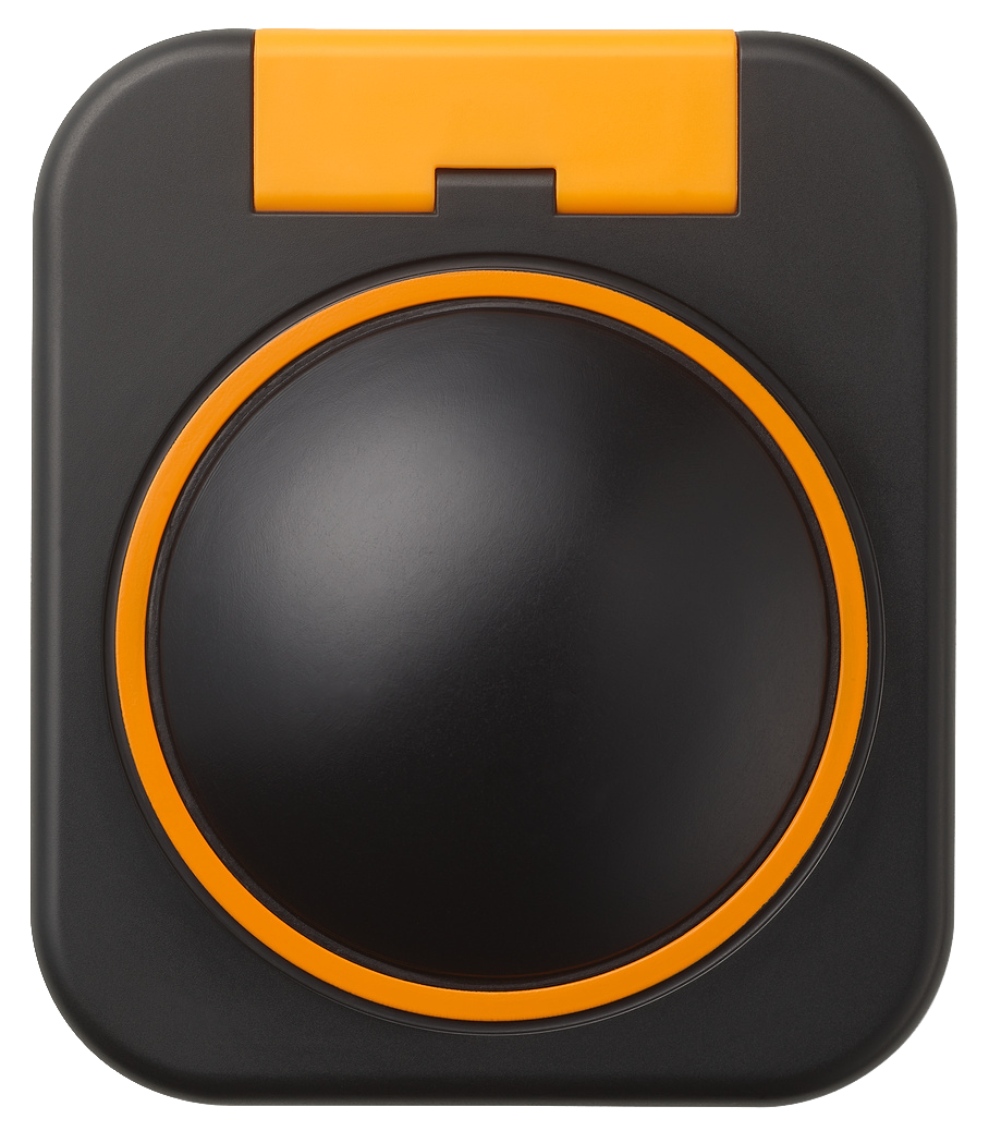 A black and orange Skwitch button switch on a square base.
